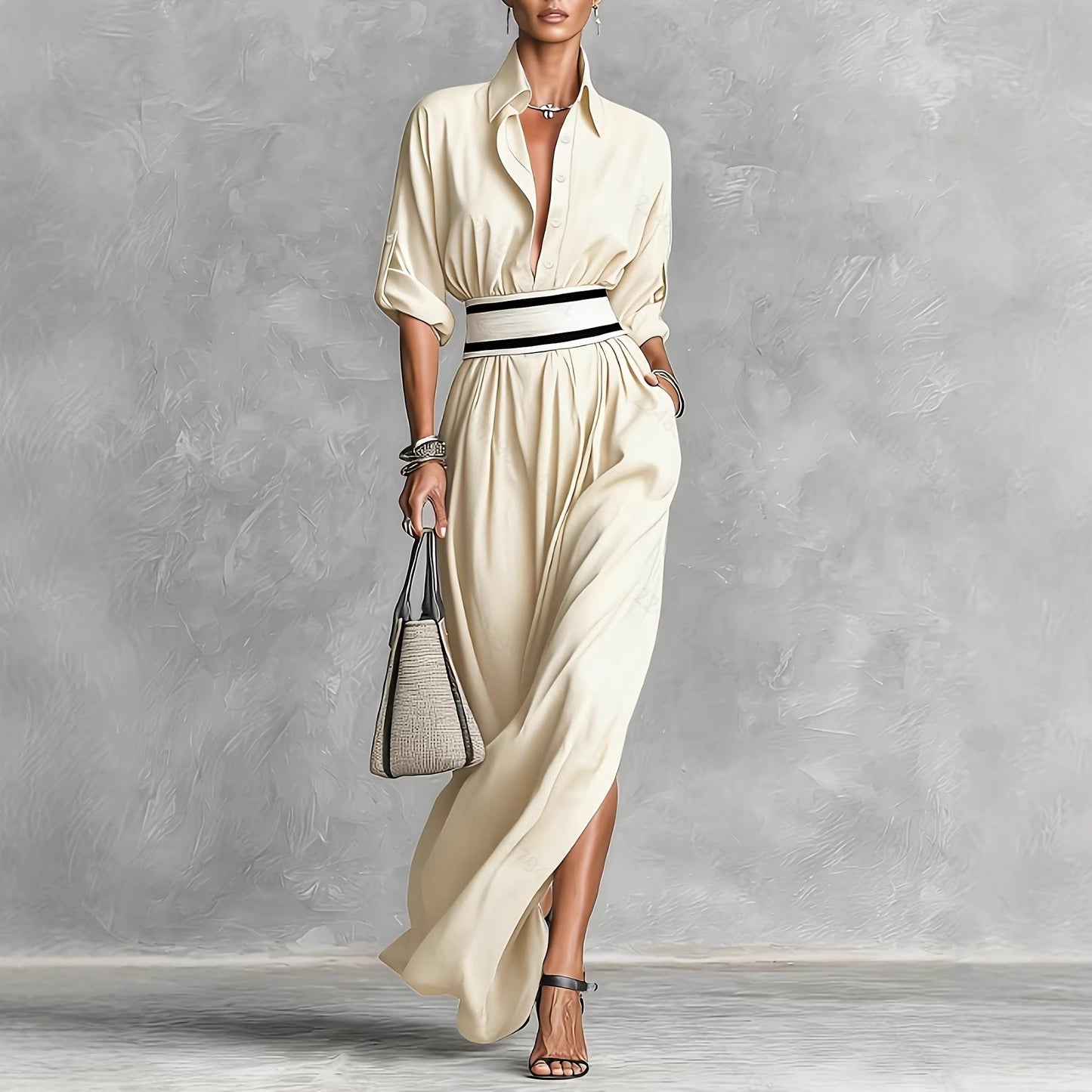 Women Clothing Draping Effect High Slit Maxi Dress Lapels Single Breasted Long Sleeve Dress