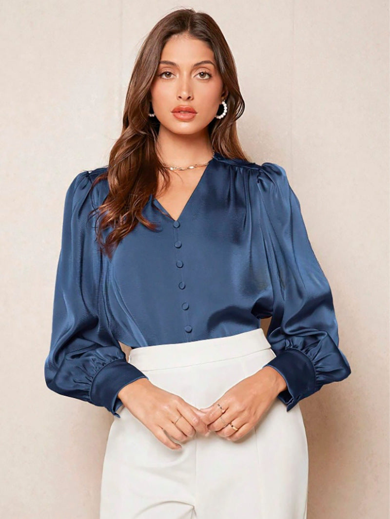 V neck Pullover Top Shirt Women Satin Office Top Women Clothing Direct