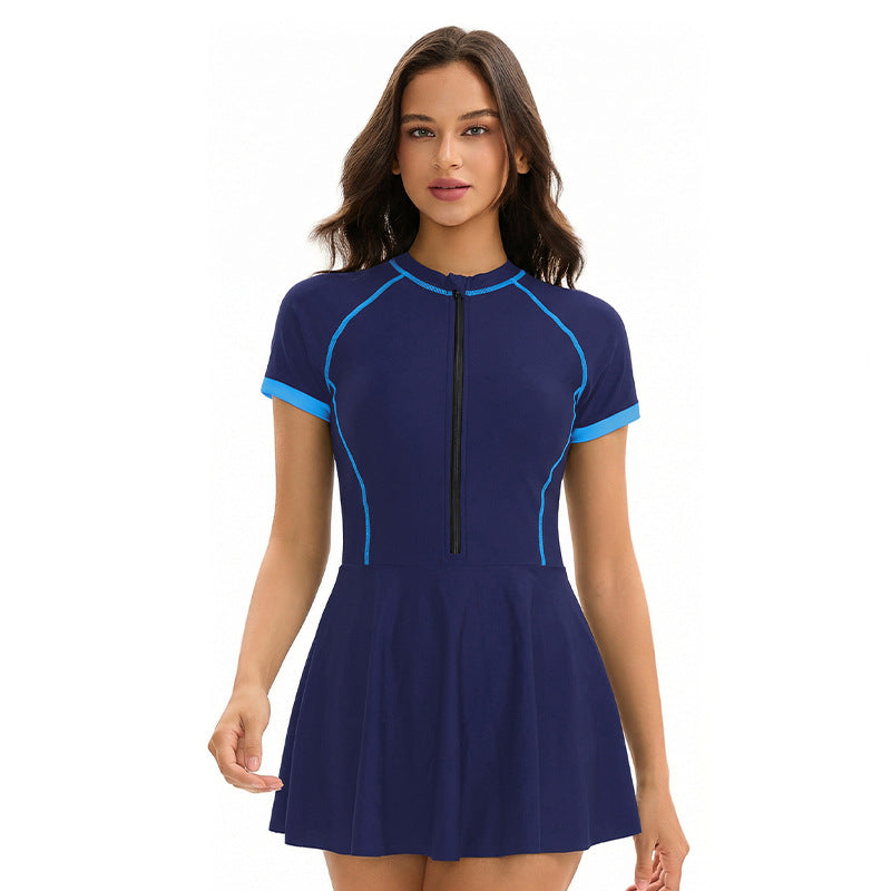 Dress Siamese Triangle Swimsuit Women Short Sleeve Conservative Sun Protection Sports Swimsuit