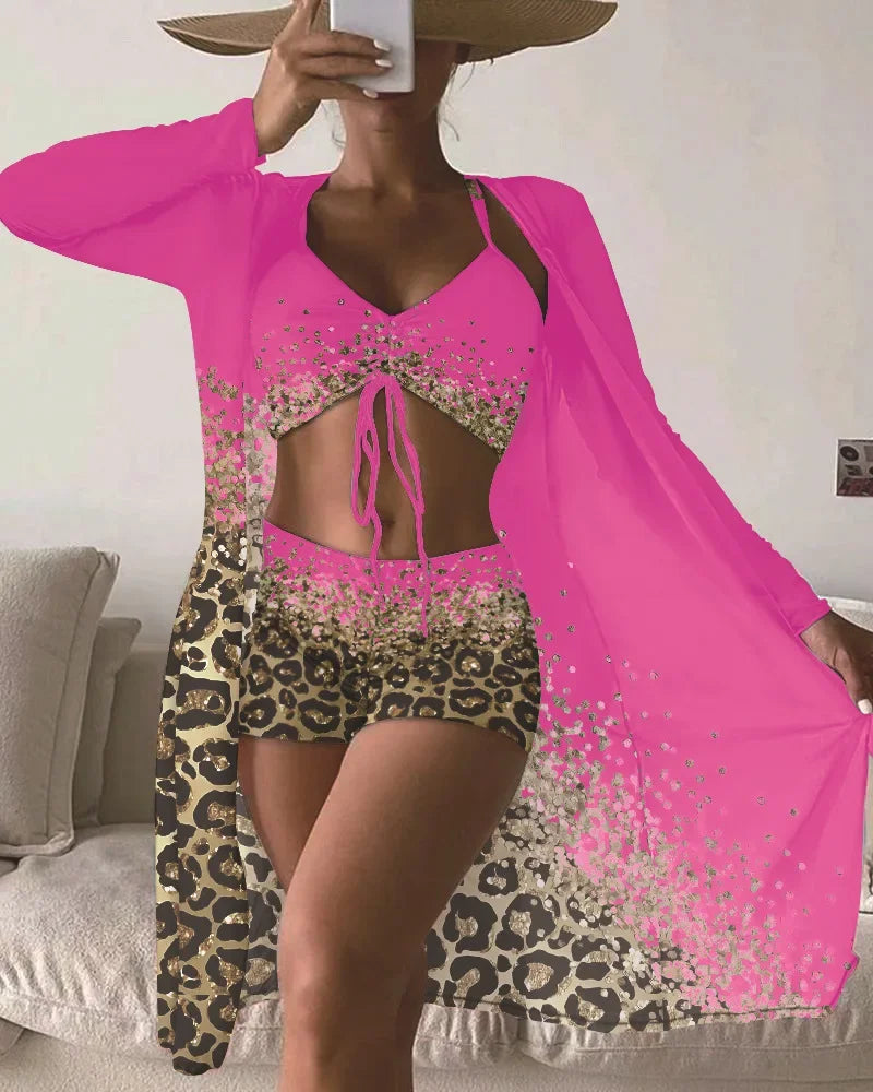 Women Bathing Suit Print Leopard Bikinis 3 Pieces Swimsuit Kimono High Waist Bikini Shorts Long Sleeve Beach Cover Up Swimwear