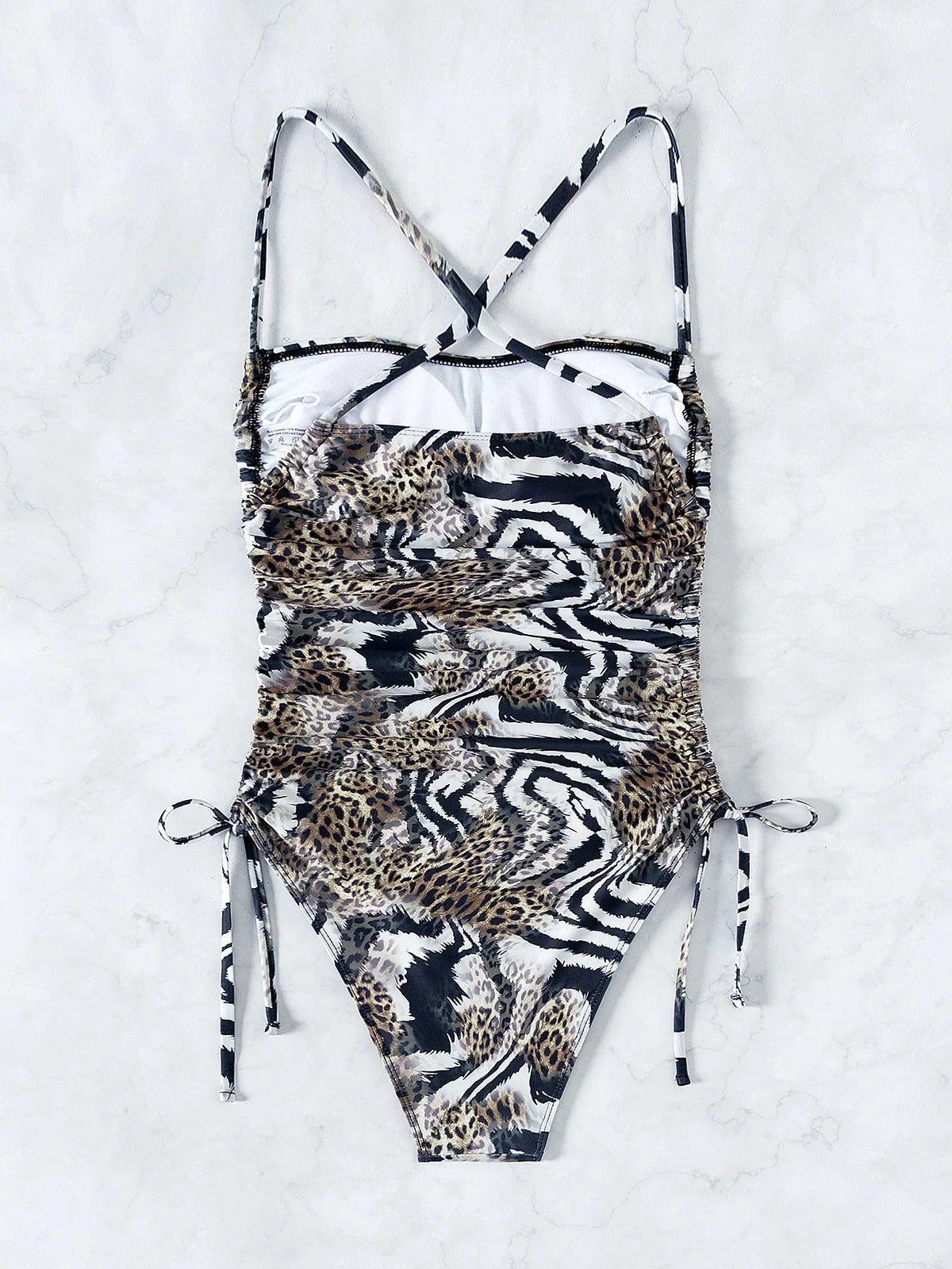 Sexy Leopard Swimwear Women Bandeau One Piece Swimsuit Beach Wear Drawstring Criss Cross Swimming Bathing Suit Bodysuit Monokini