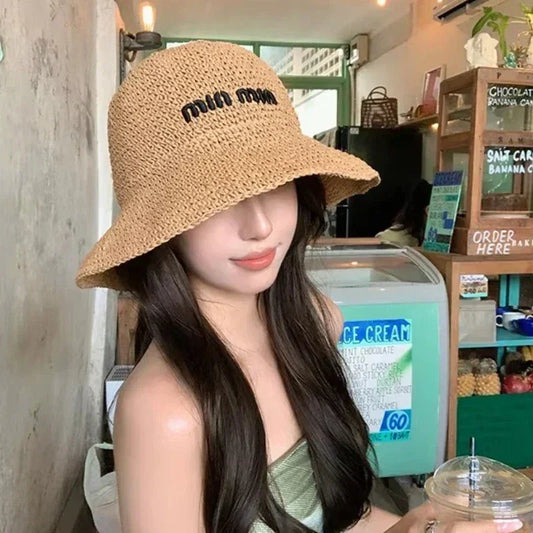 2025 Letter Sun Hat for Women Straw Beach Hats Women Large Wide Brim Foldable Hat Fashion Designer Outdoor Korean Bucket Hat