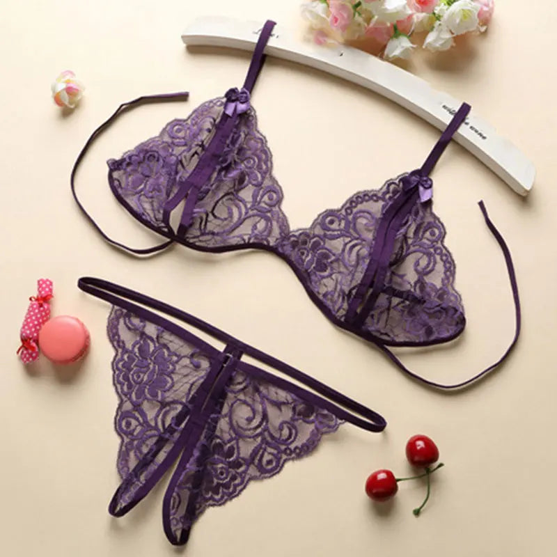 Lace Sexy Lingerie Bra Set Transparent Underwear Erotic Strappy Hollow Lingerie Set Hot Garter & Thong Women Porn White Bra Set