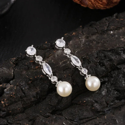 ZAKOL White Teardrop Pearl Dangle Earrings for Women Shiny Cubic Zirconia Earring Bridal Wedding Jewelry Valentine's Day Gift