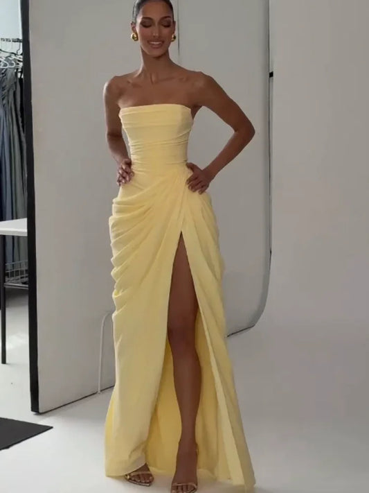 Elegant Yellow Strapless Pleated Dress Women Chic Sleeveless Waist Cinching Split Maxi Gowns Lady Evening Party Dresses 2026 New