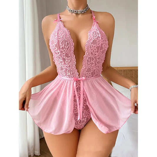 Sensual Lace Hollow Bodysuit Sexy Crotchless Lingerie Thong Women Erotic Pajamas Teddy Babydoll Dress Deep V Open Bra Porn Set