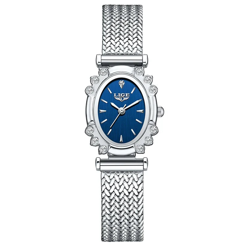 Women's Oval Crystal Bezel Watch, Woven Stainless Steel Bracelet