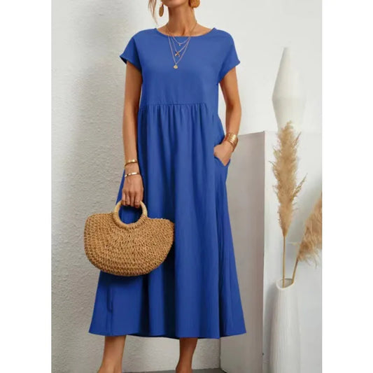 Dresses for Women Cotton Linen Midi Casual Short Sleeve Loose A-Line Sundress with Pockets Solid Color Oversized Long Dress
