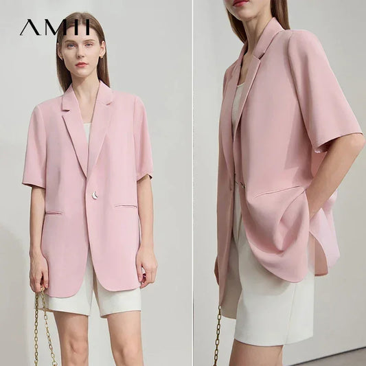 Amii Women's Top Minimalist 2025 Summer New Notched Lapel Contrast Material Patchwork One Button Short Sleeve Blazer 12542081