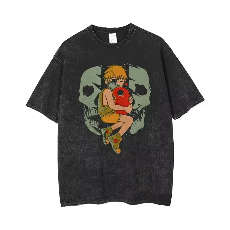 šŖ Chainsaw Man Acid-Washed Vintage Graphic T-Shirt ā Harajuku Streetwear