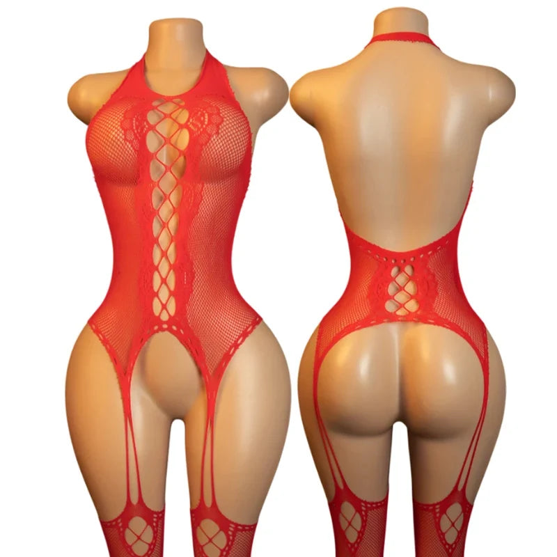 Plus Size Desire Underwear Women Crotchless HangingNeck Bodystocking Erotic Mesh Hollow Backless Bodysuit Sexy Porn Hot Lingerie