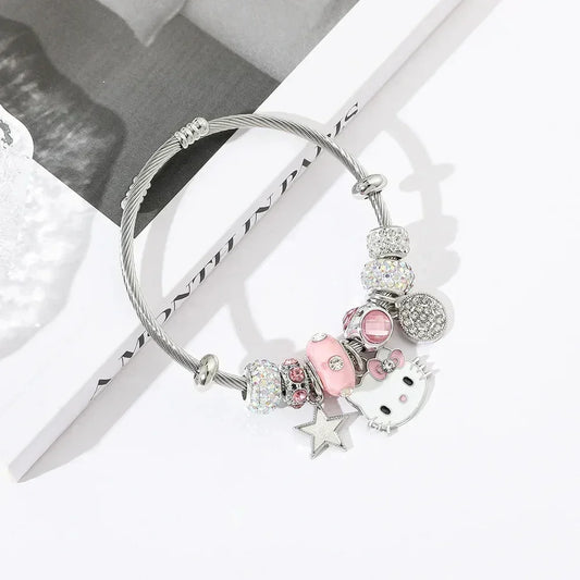 2pcs/set fashion exquisite cartoon cute hello Kitty trendy inlaid rhinestone jewelry set, suitable for daily wear, suitable as a