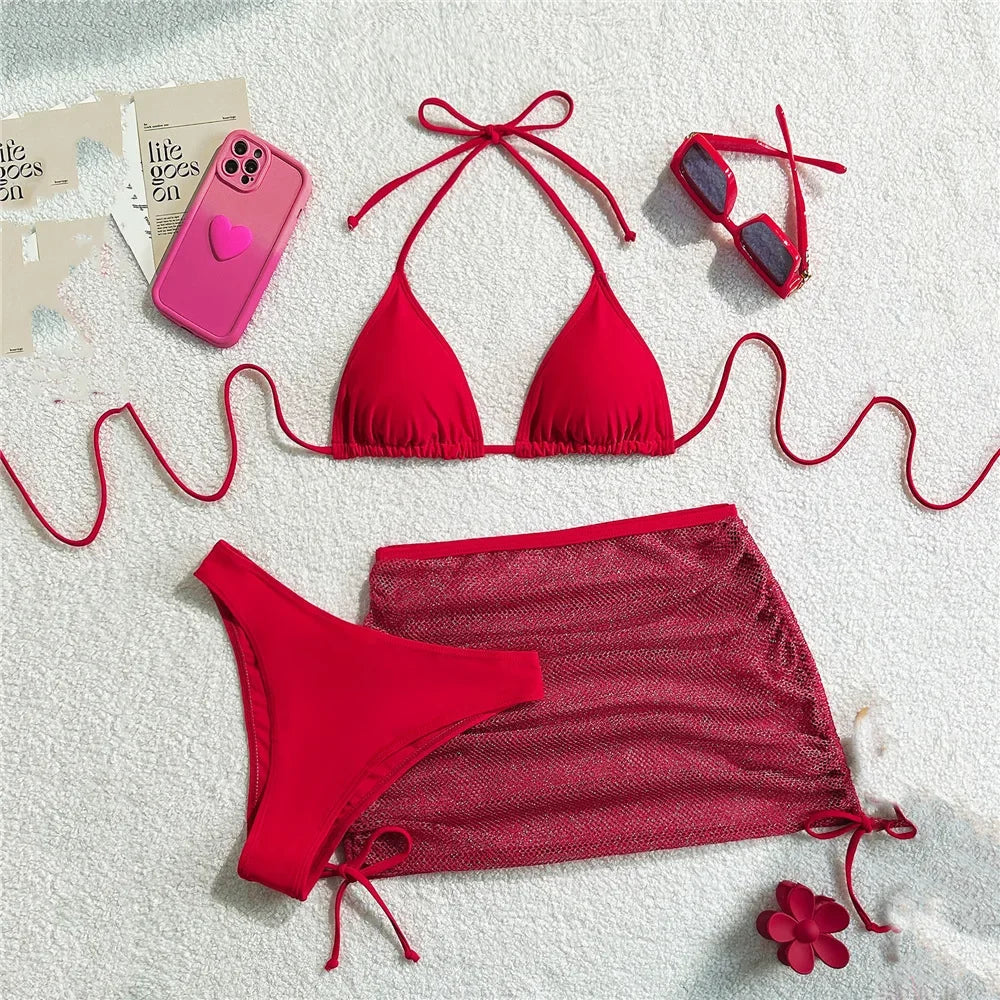 Solid Brown Swimwears String Halter Triangle 3 Piece Bikini Set Sexy Swimsuit Women 2026 Mesh Skirts Bathing Suit Bikinis Dames