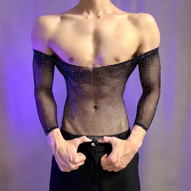 New American Style Fashion Men Vests Tops Crew Neck Sexy Hollow Mesh Bodysuit Casual Long Sleeve Tank Clubwear Party Costume