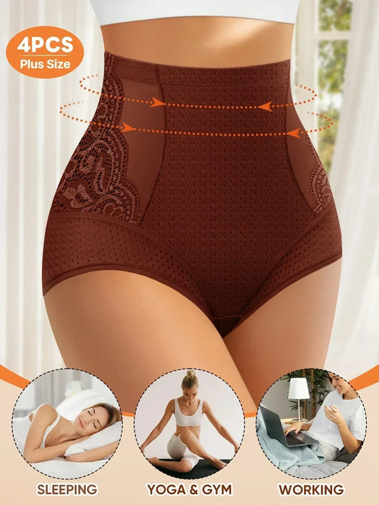 4pcs Plus Size Women'S High-Waist Briefs - Breathable Mesh & Lace Trim, Enhanced Comfort, Breathable Summer Panties in Black,