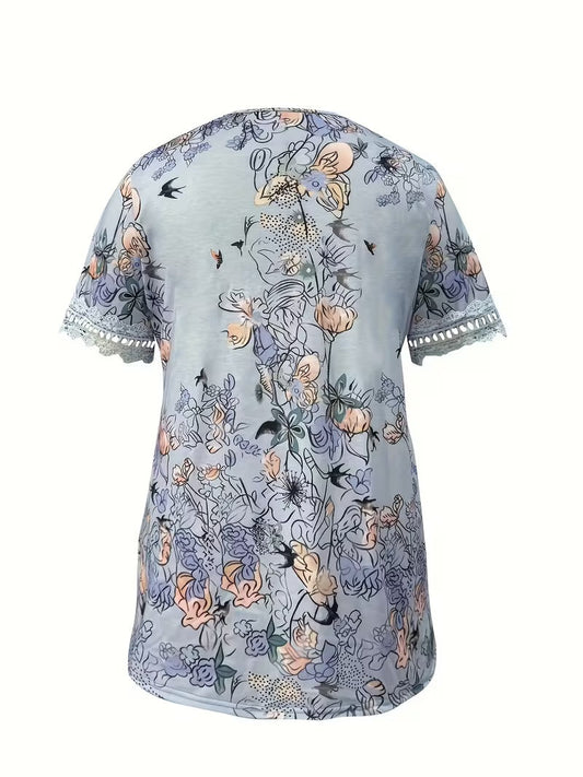 Plus Size Floral Print Lace-Trim Top – Women's V-Neck Short Sleeve Elegant Blouse