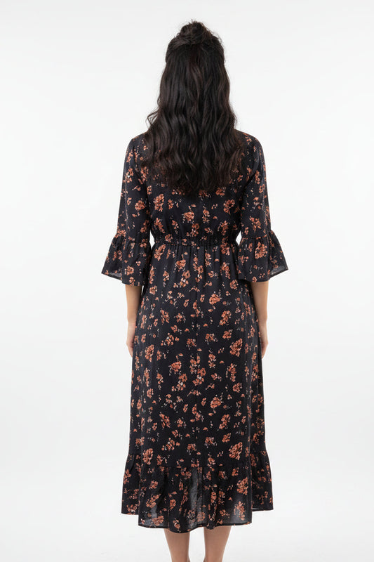 Women's Floral Printed Denim Patchwork Midi Dress — A-Line Half Sleeve