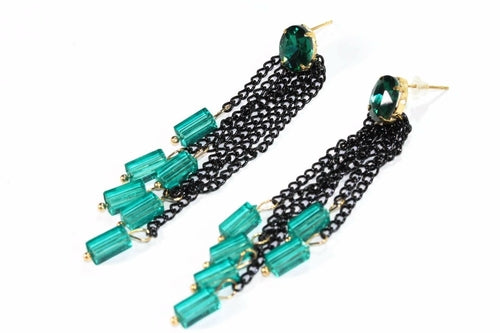 Black Chain Bead Dangle Earrings Long Tassel Drop Light