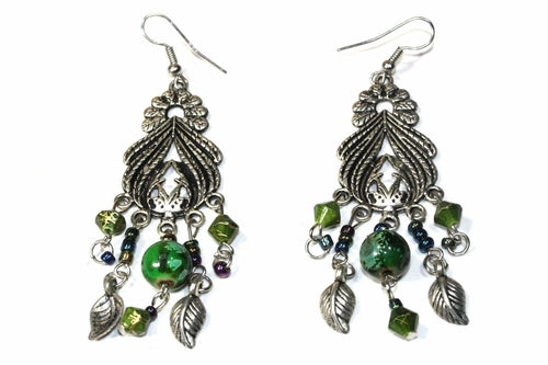 Bohemian Marbled Bead Dangle Earrings With Leaf Charms