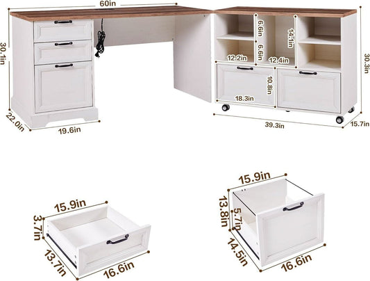 60 Inch L Shaped Desk With Farmhouse Cabinetry Storage