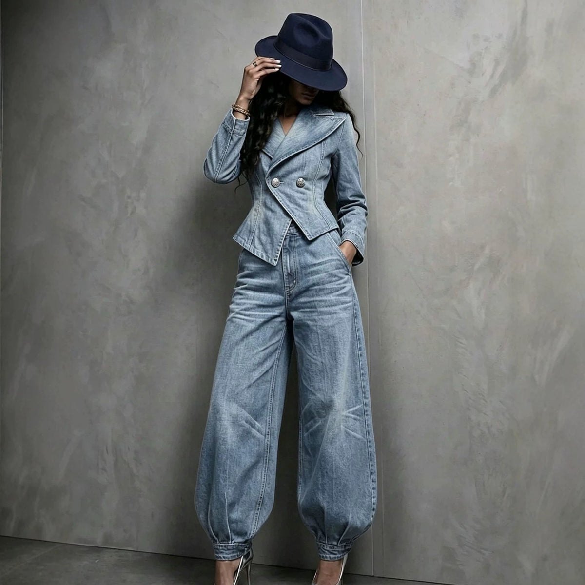 Women's Washed Distressed Denim Asymmetric Double-Breasted Jacket & Balloon-Leg Trouser Set