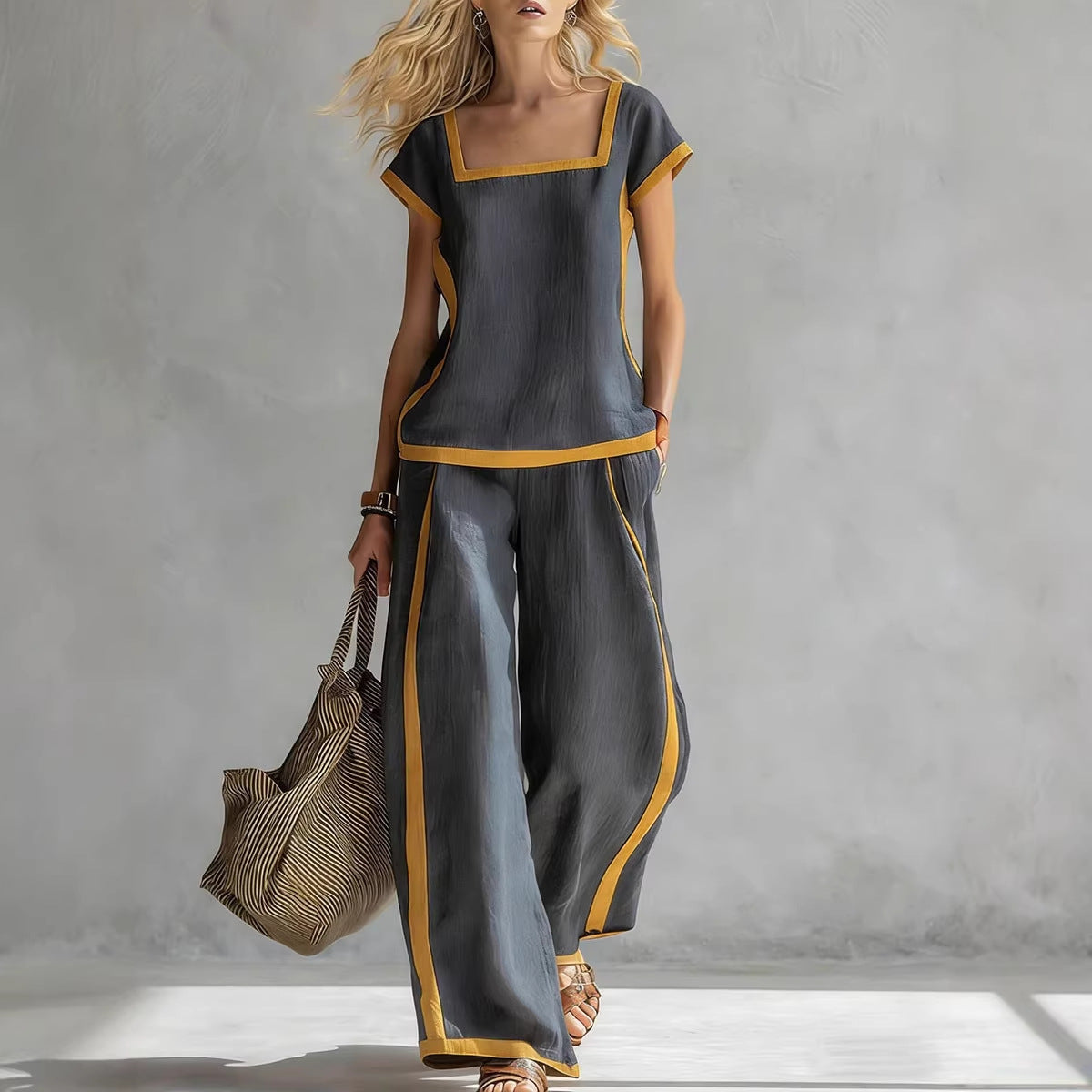 Solid Color Shirt & Wide-Leg Trousers Two-Piece Set