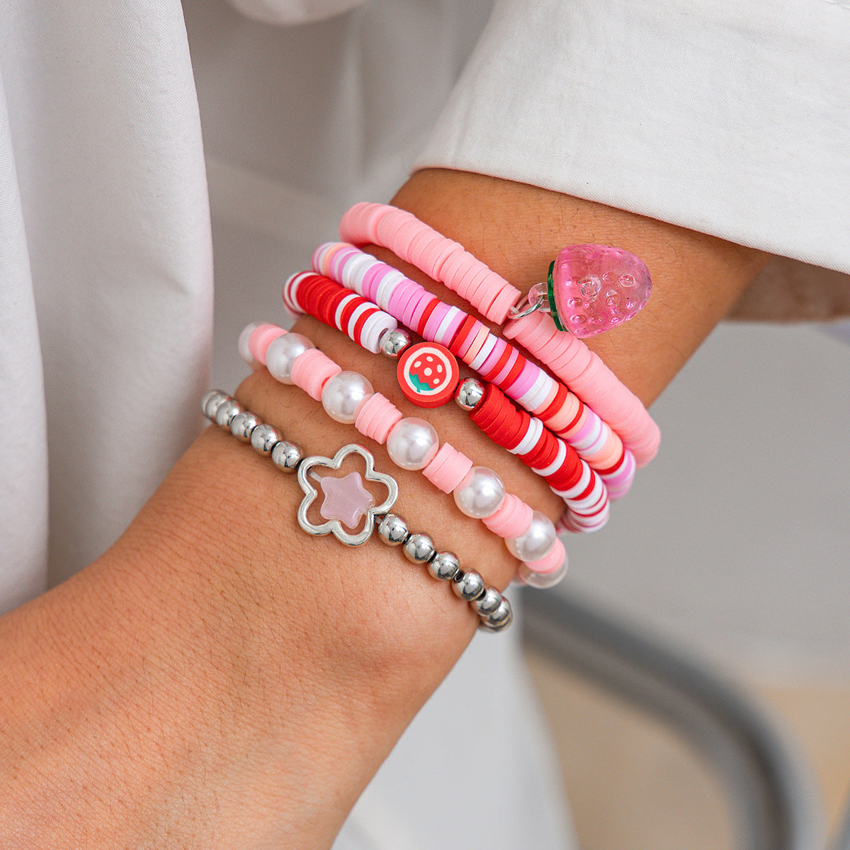 Strawberry polymer clay beaded bracelet