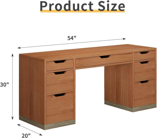 54 Inch Walnut Finish Executive Desk With Seven Drawers