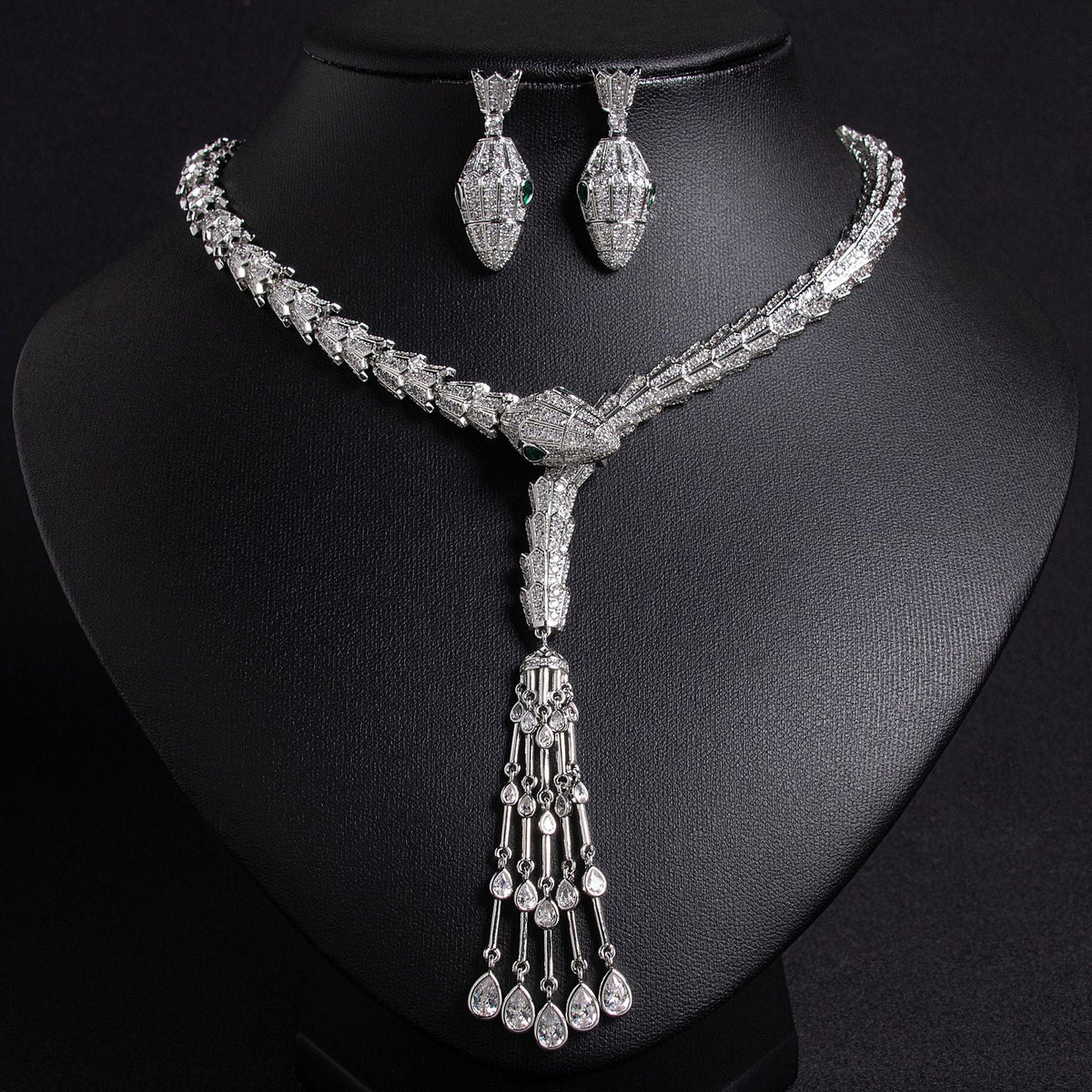 Serpentine Teardrop Tassel Zircon Earrings & Necklace Set