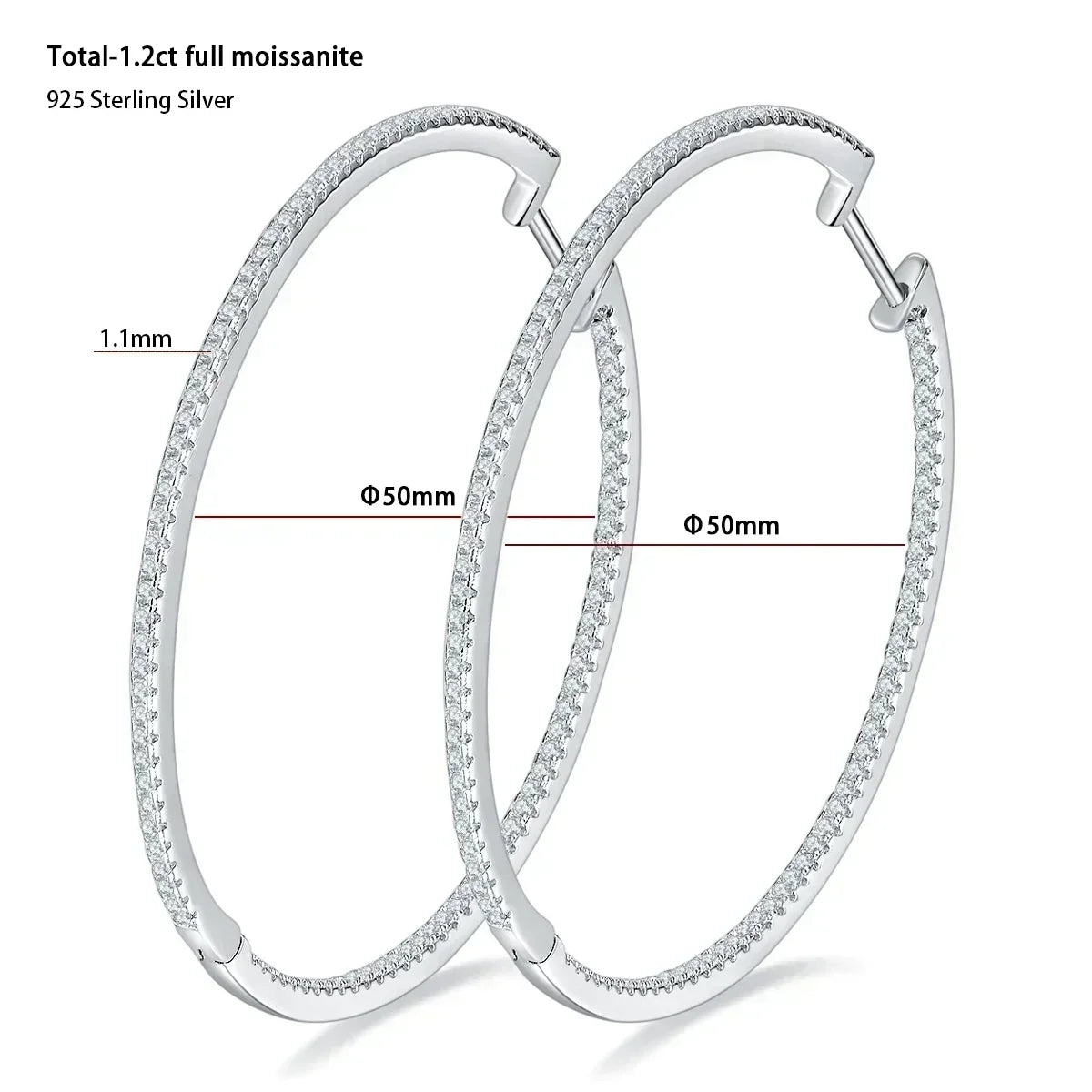 Moissanite Hoop Earrings in Sterling Silver - 30mm or 50mm