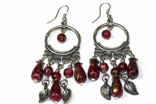 Black Bead Dangle Earrings Boho Chandelier Silver Leaf