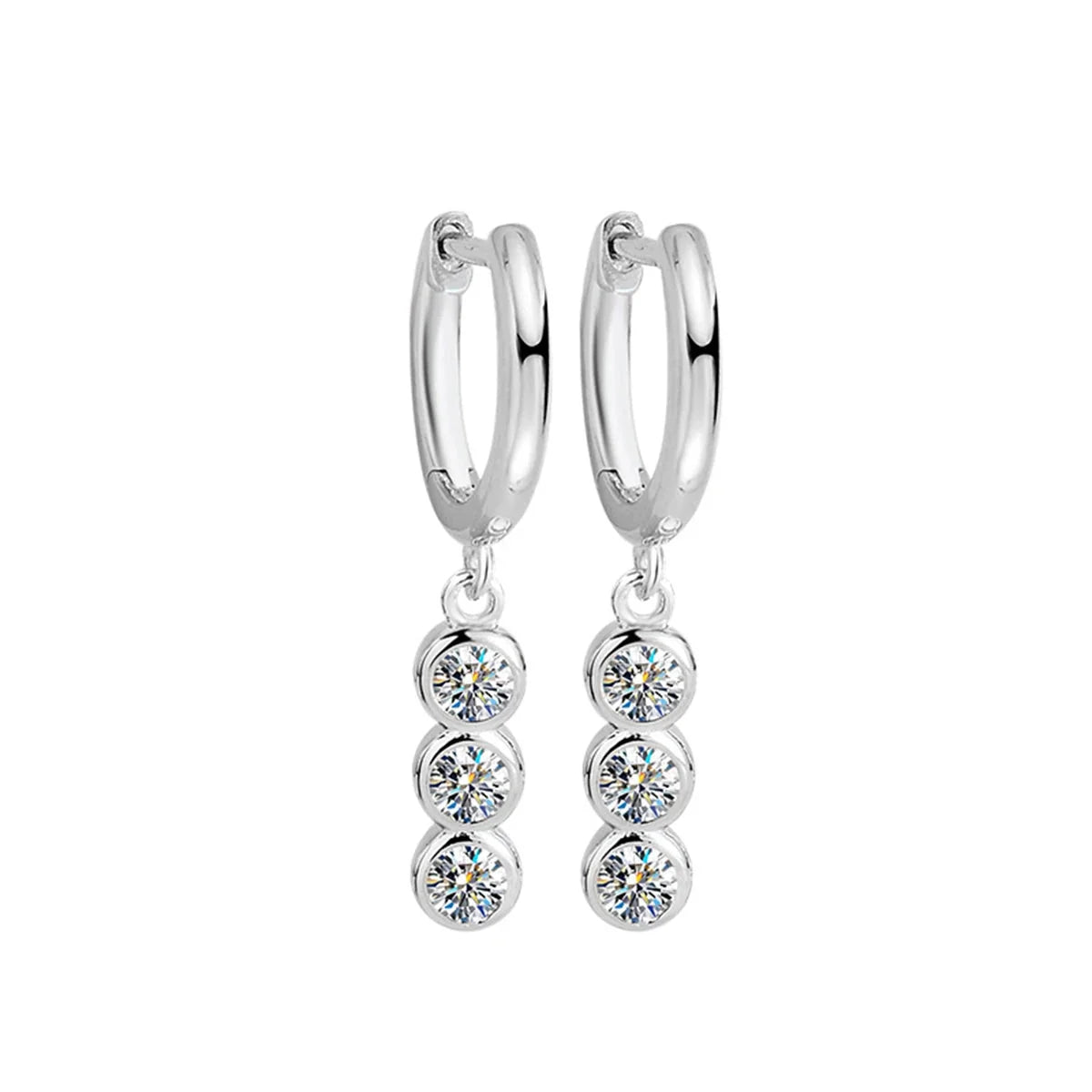 Three-Stone Moissanite Hoop Drop Earrings in Sterling Silver