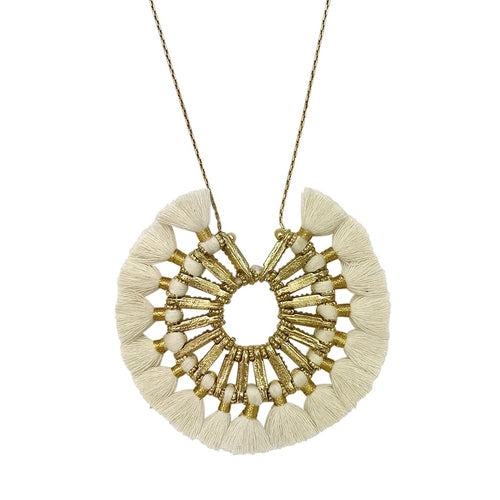 Tassel Halo Necklace Cotton Tassel Boho Statement Pendant 18.5in Chain