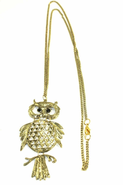 Wide Eyed Owl Pendant Necklace Long Chain Vintage Silver