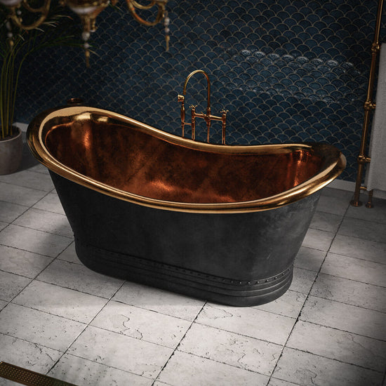 Black Matte and Polished Brass Copper Freestanding Bathtub Contemporary Spa Style