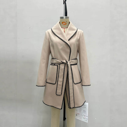 French Elegant Wool Coat | Notched Lapel Zigzag Trim & Belt | Apricot