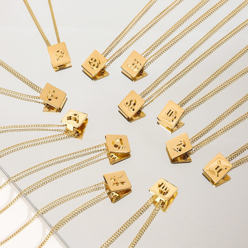 18K gold square necklace with twelve zodiac elements design, classic and fashionable