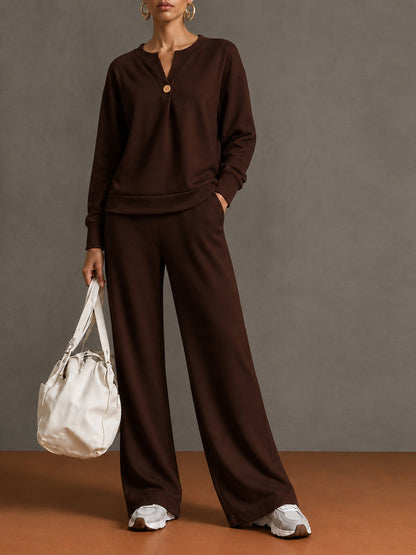 Women's Single-Button Split-Neck Sweatshirt & Wide-Leg Pants Set