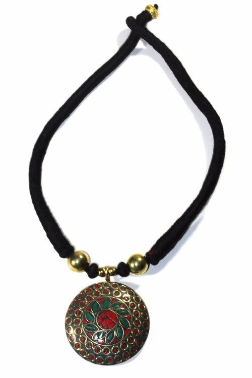 Mosaic Medallion Necklace Colorful Handplaced Brass Pendant