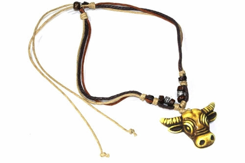 Boho Tribal Cow Head Necklace Beige Brown Tan Wooden Cord