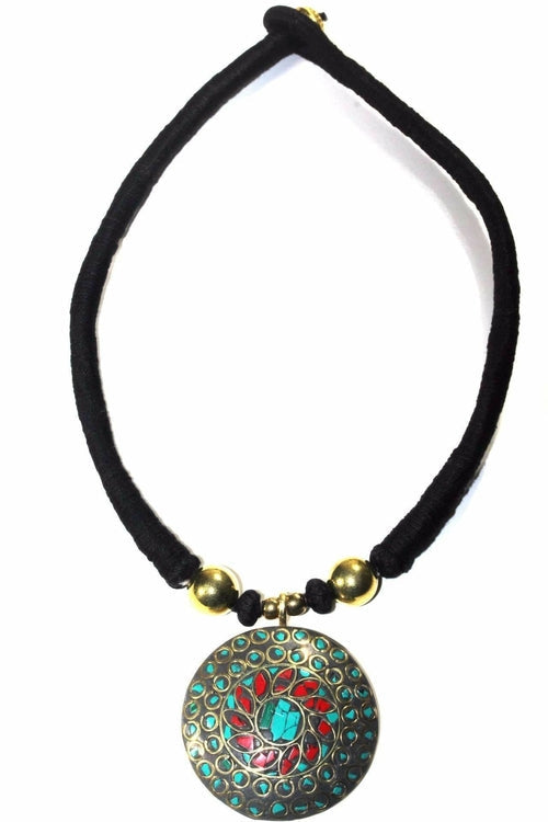 Mosaic Medallion Necklace Colorful Handplaced Brass Pendant