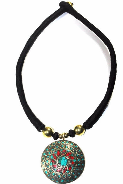 Mosaic Medallion Necklace Colorful Handplaced Brass Pendant