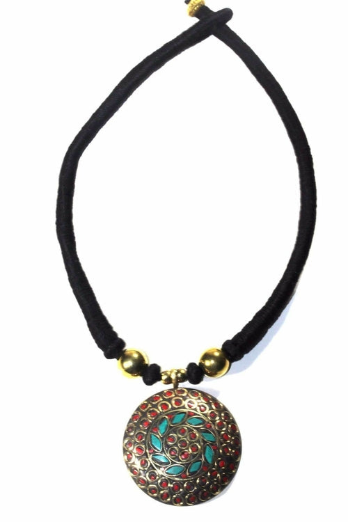 Mosaic Medallion Necklace Colorful Handplaced Brass Pendant