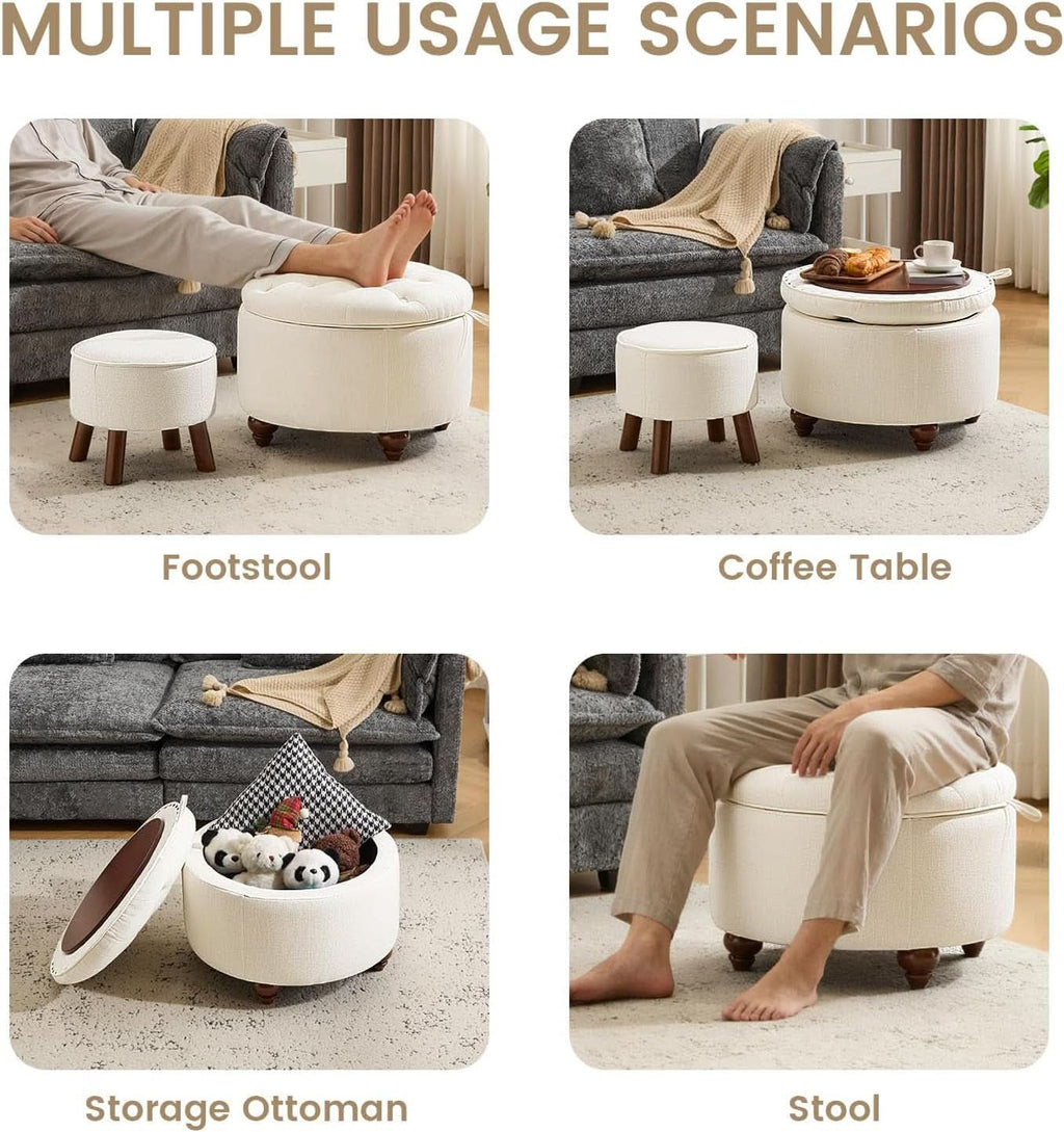 24 Inch Round Beige Storage Ottoman Removable TopWith Storage