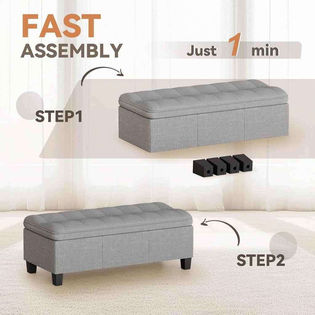 Forty Seven Inch Storage Ottoman Bench Linen Gray Fabric