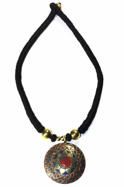 Mosaic Medallion Necklace Colorful Handplaced Brass Pendant