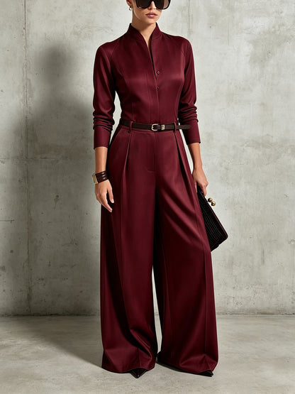 Women's Stand-Collar Long-Sleeve Wide-Leg Jumpsuit