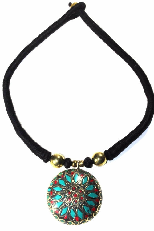 Mosaic Medallion Necklace Colorful Handplaced Brass Pendant