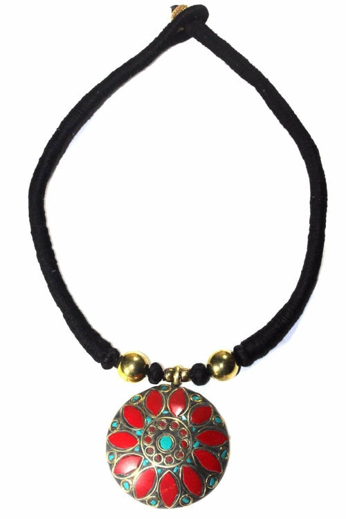 Mosaic Medallion Necklace Colorful Handplaced Brass Pendant