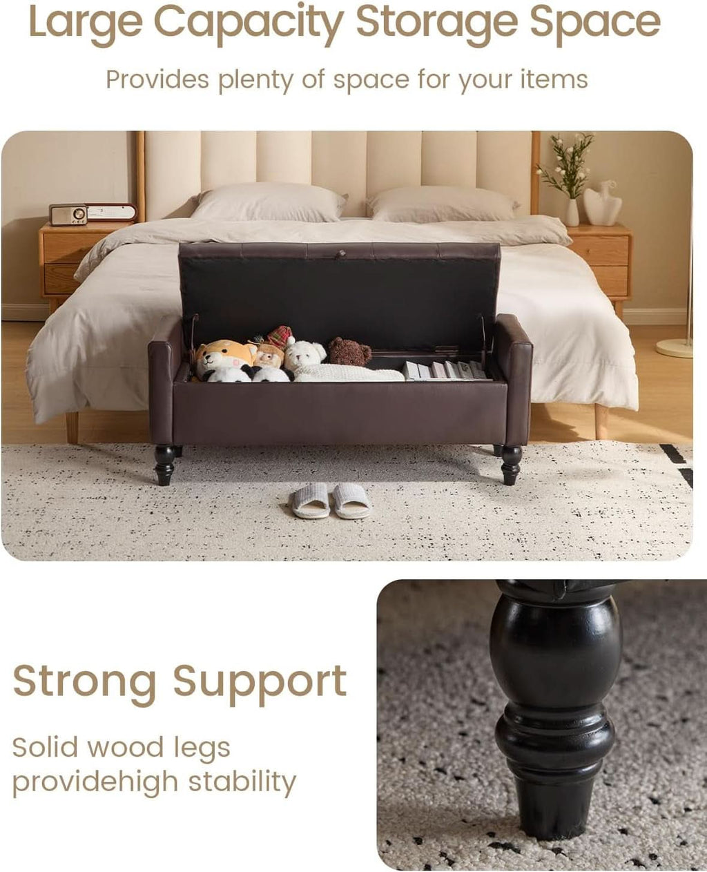 Brown Genuine Leather Storage Ottoman Bench Bedside